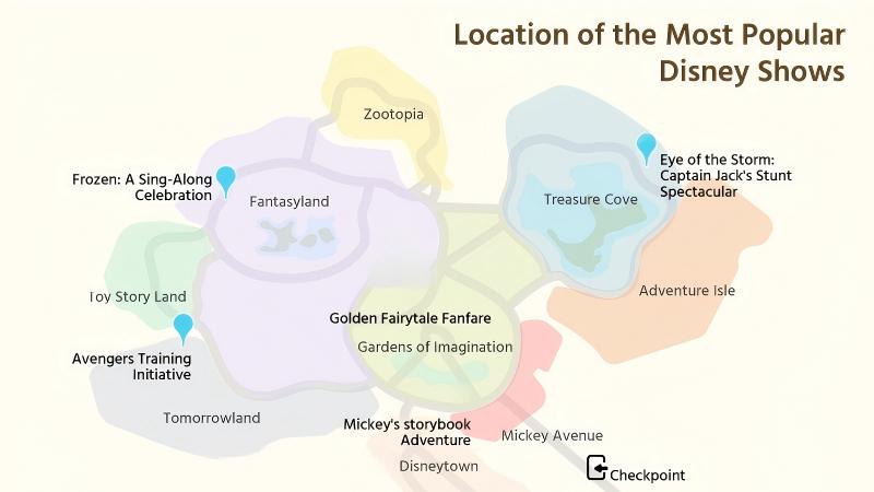A map of most popular live shows in Disneyland