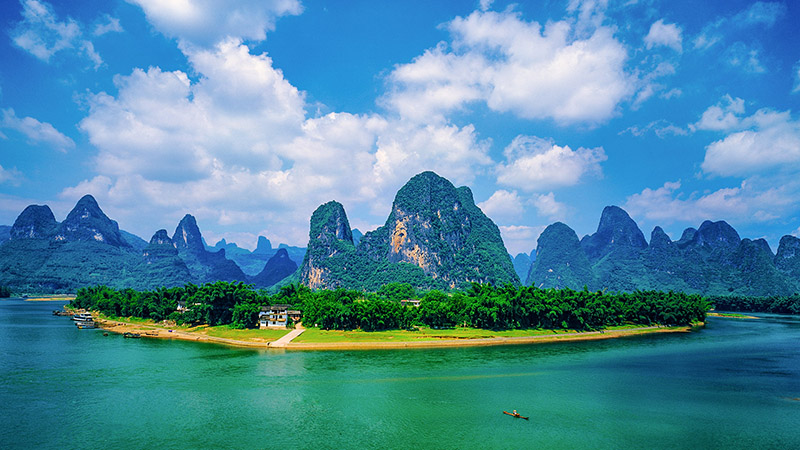 Aerial view of Li River in Guilin