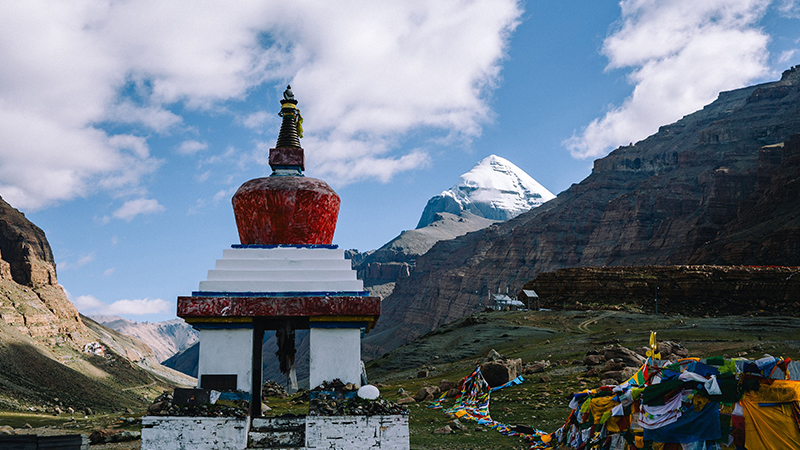 A Tibetan temple with Mt. Kailash in the background