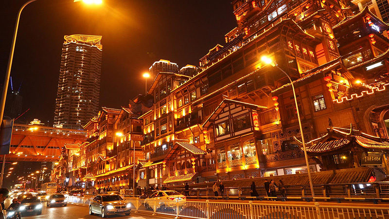 Dazzling night view at Hongya Cave, Chongqing