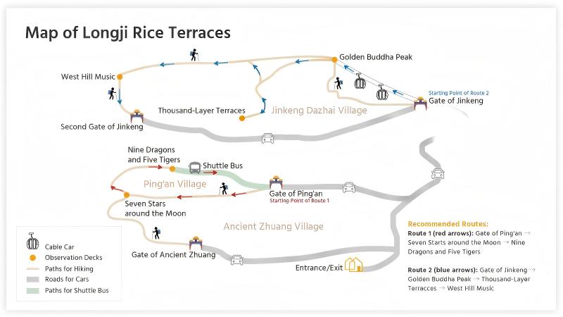 Map of Longji Rice Terraces with best routes