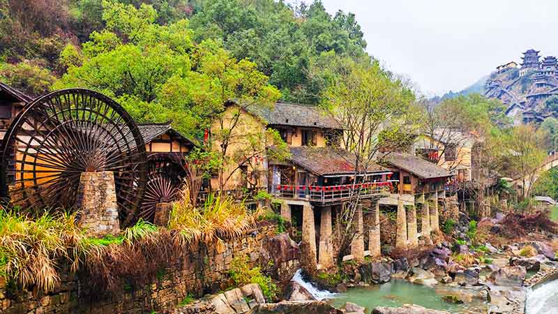 Wangxian Valley's Waterwheel and Old Houses